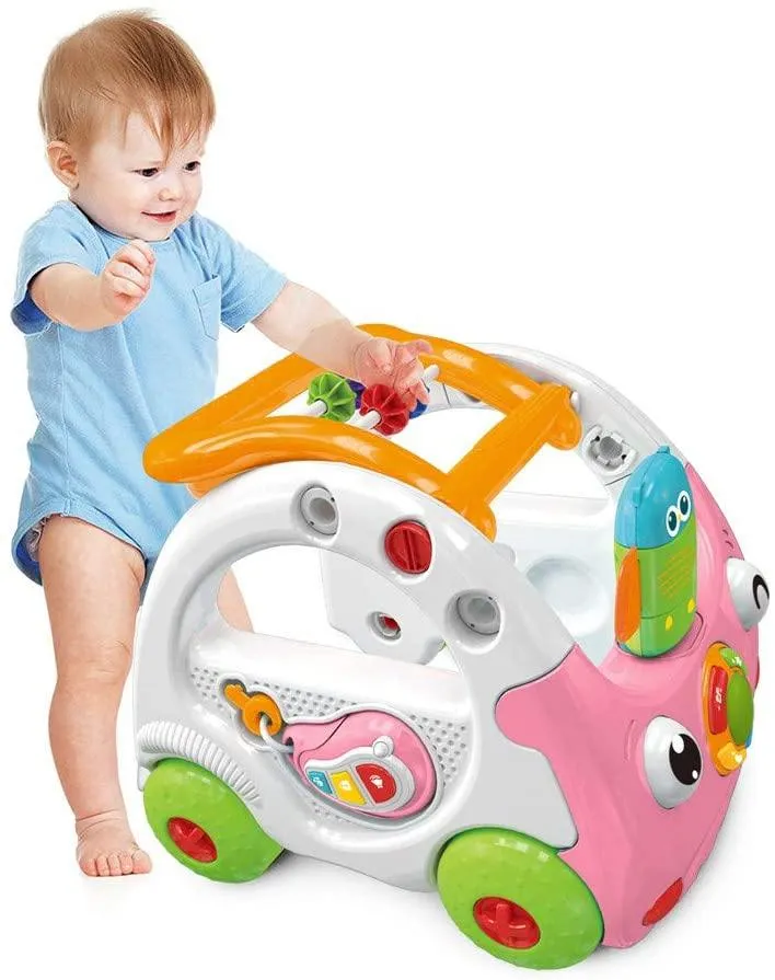 3 in 1 Sit to Stand Learning Walker Baby Push Car Activity Walker with Remote Control and Music and Lights for Kids (Pink)