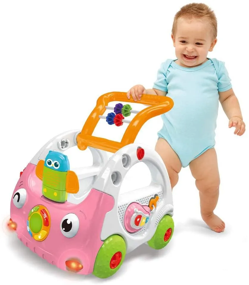 3 in 1 Sit to Stand Learning Walker Baby Push Car Activity Walker with Remote Control and Music and Lights for Kids (Pink)
