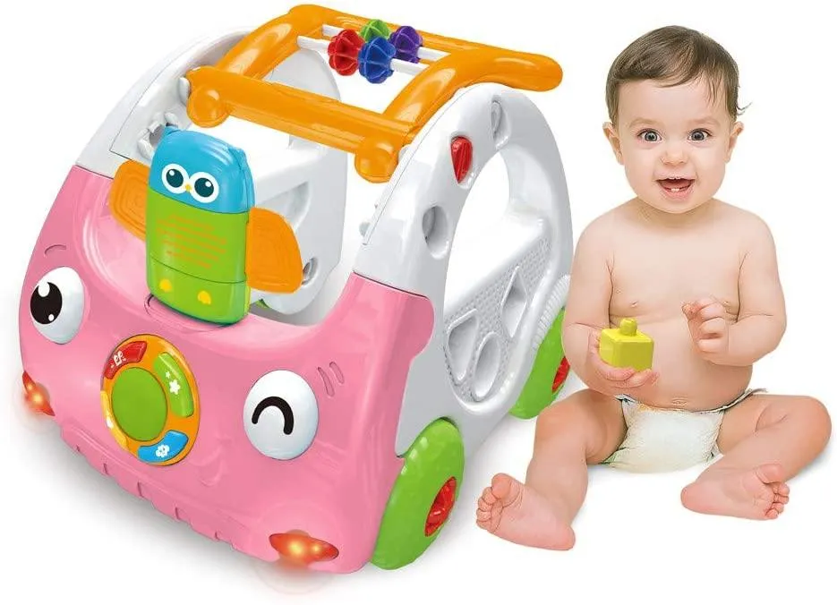 3 in 1 Sit to Stand Learning Walker Baby Push Car Activity Walker with Remote Control and Music and Lights for Kids (Pink)