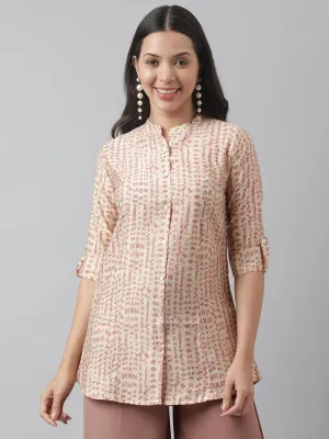 Beige Floral Printed Muslin A-line Shirt Style Top