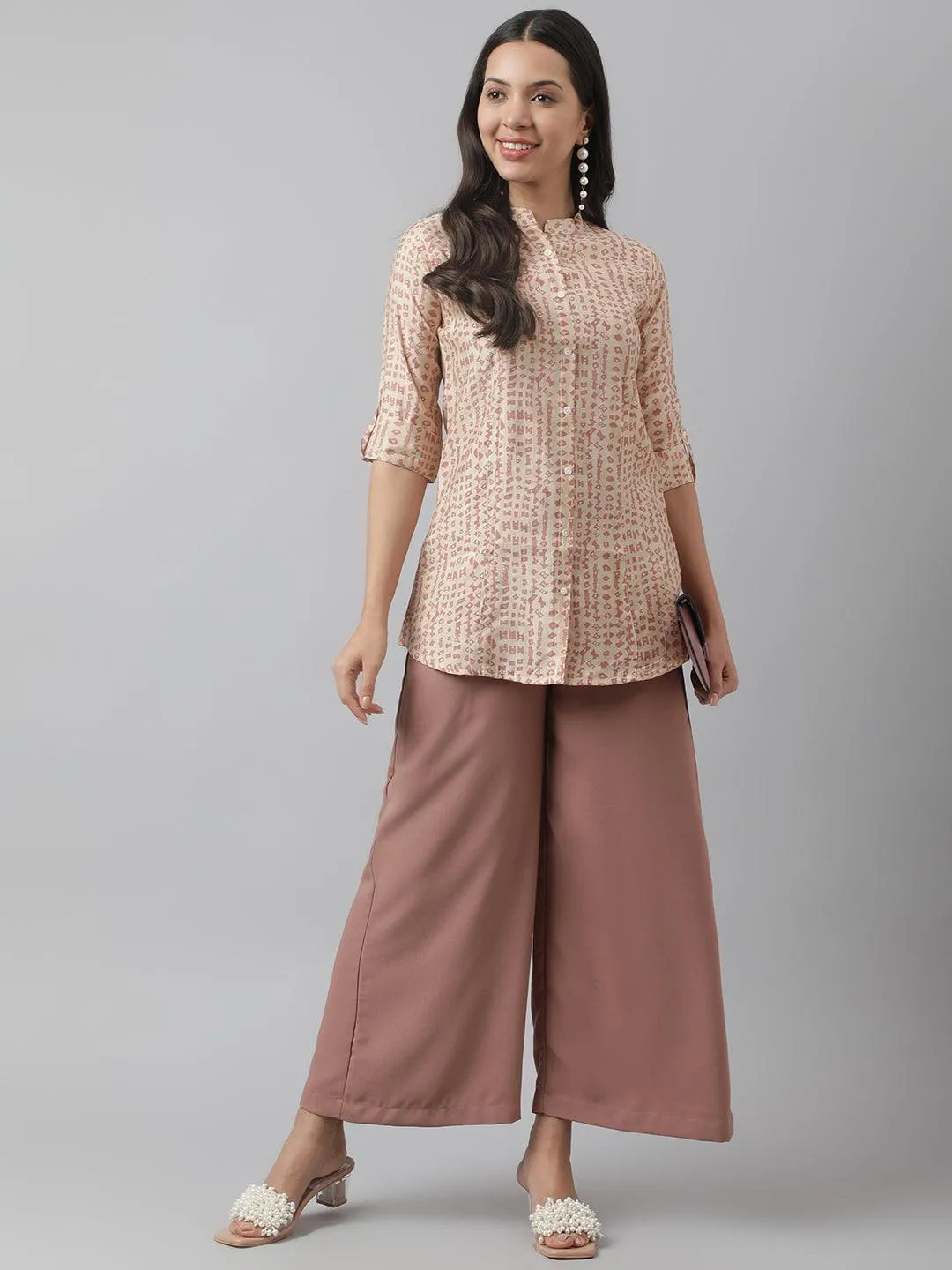 Beige Floral Printed Muslin A-line Shirt Style Top