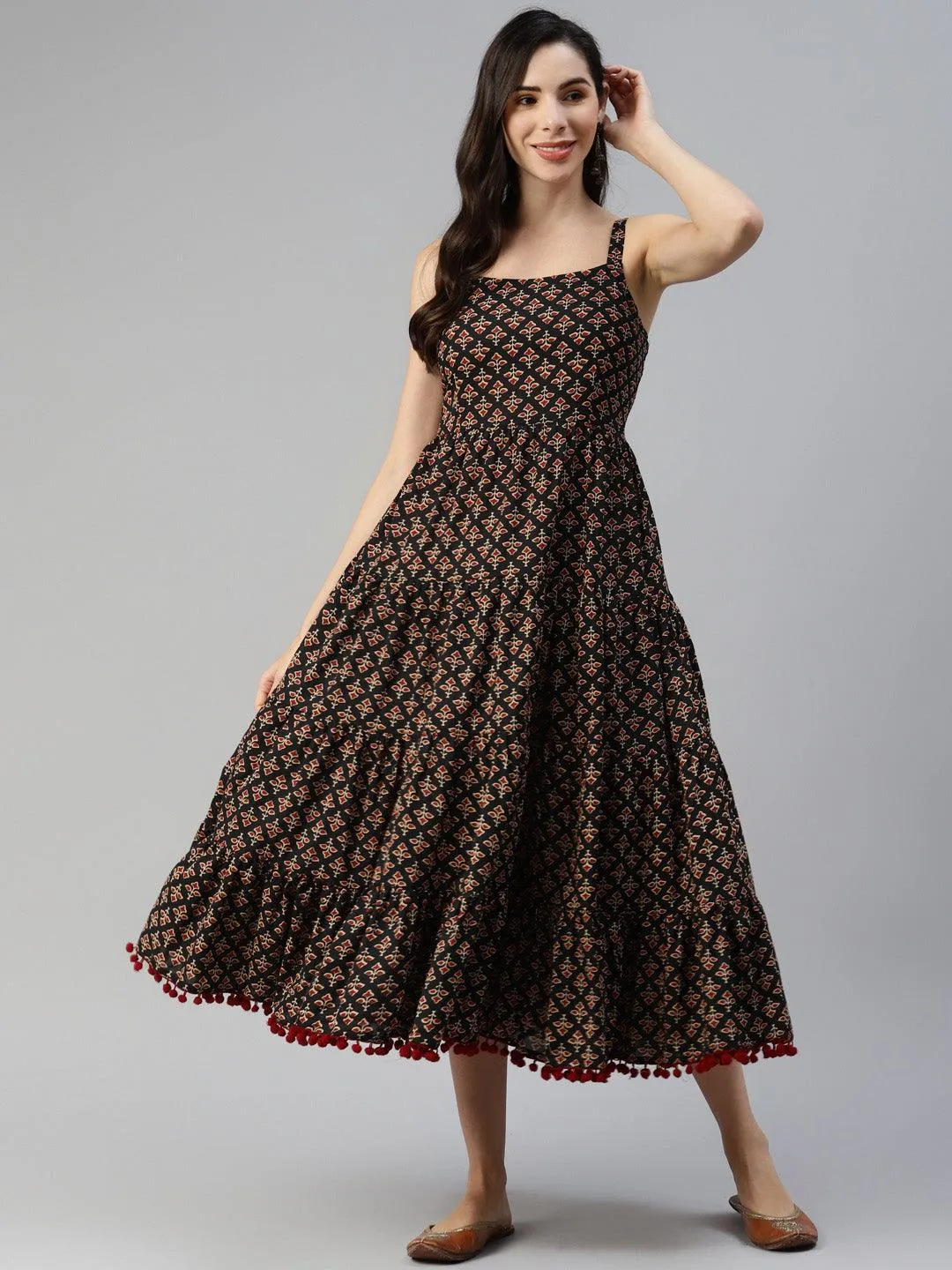 Black Floral Printed Shoulder Strip Long dress
