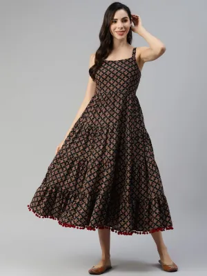 Black Floral Printed Shoulder Strip Long dress