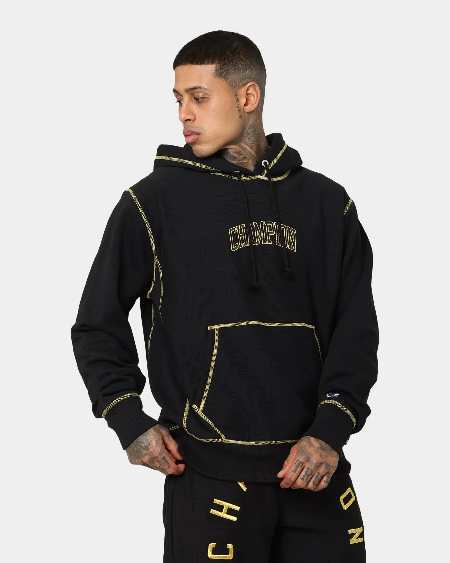 Champion Reverse Weave Contrast Stitch Hoodie Black/Gold