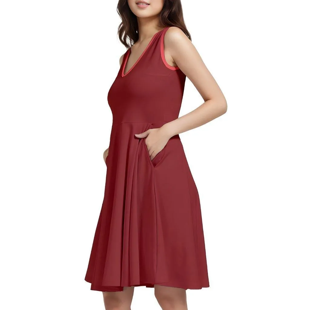Citra Brown Sleeveless V-neck Skater Pocket Dress