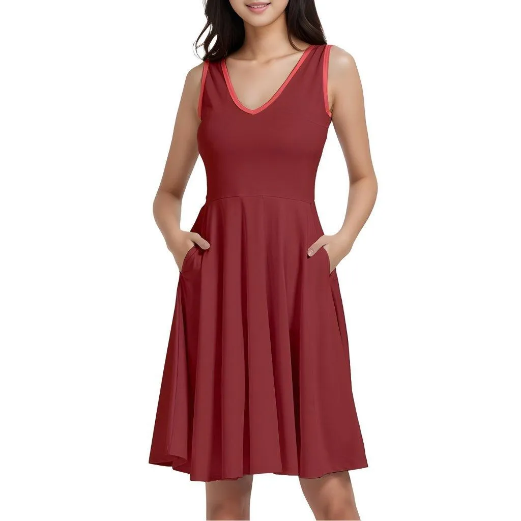 Citra Brown Sleeveless V-neck Skater Pocket Dress
