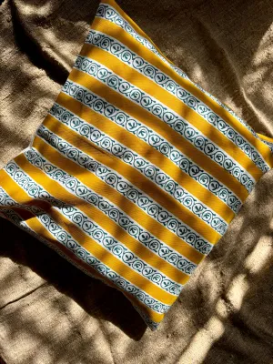 Cotton Cushion Cover | Floral & Geometric Print | Mustard Yellow & Blue