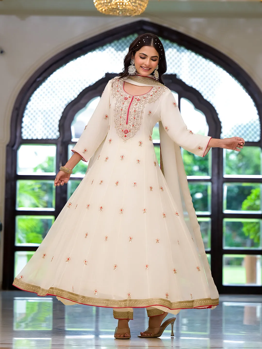 Cream Embroidered Zari Work Georgette  Kurta Set