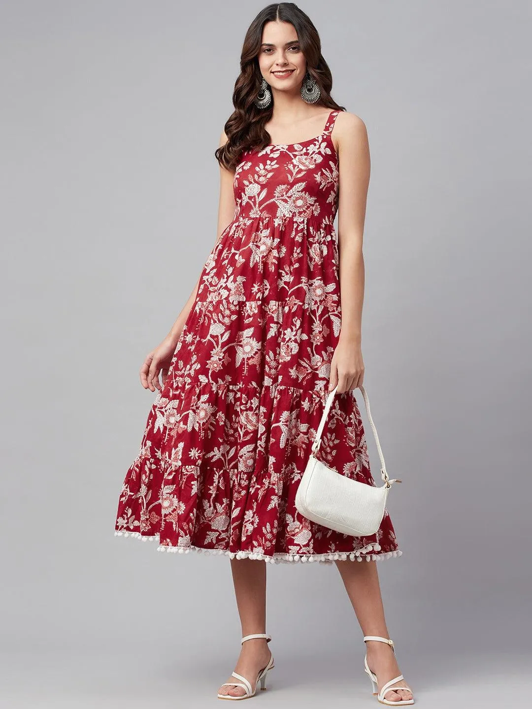 Divena Red Floral Printed Shoulder Strap Long dress