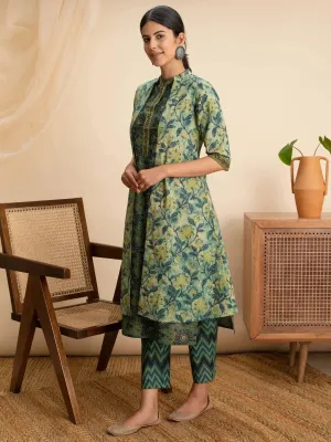 Green Printed Cotton Straight Kurta With Shrug