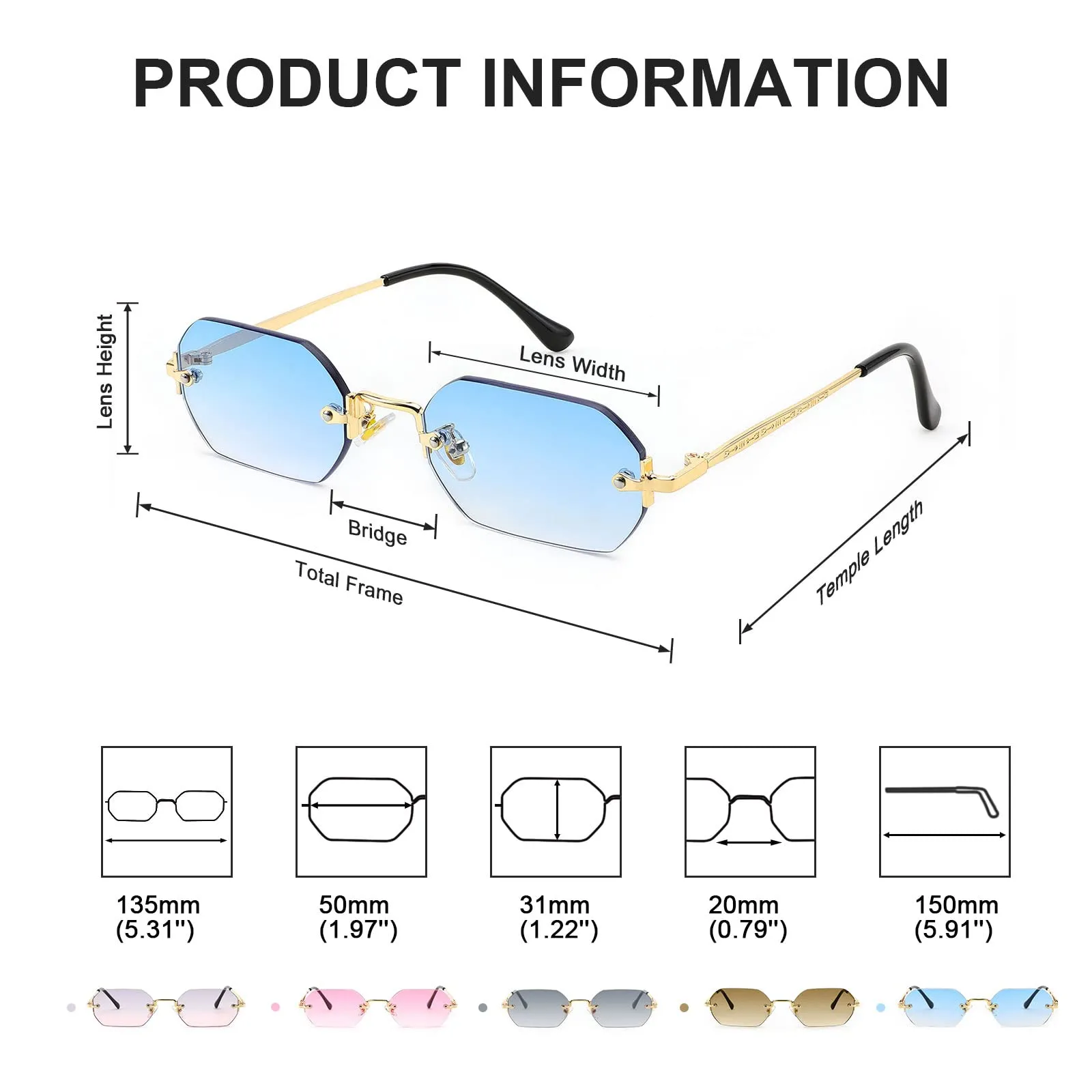 Karsaer Vintage Rectangle Sunglasses Rimless Frameless Candy Color Glasses Women Men