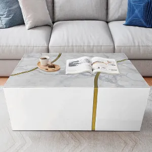 Modern Rectangular Coffee Table - Shiny White Design with Gold Accent