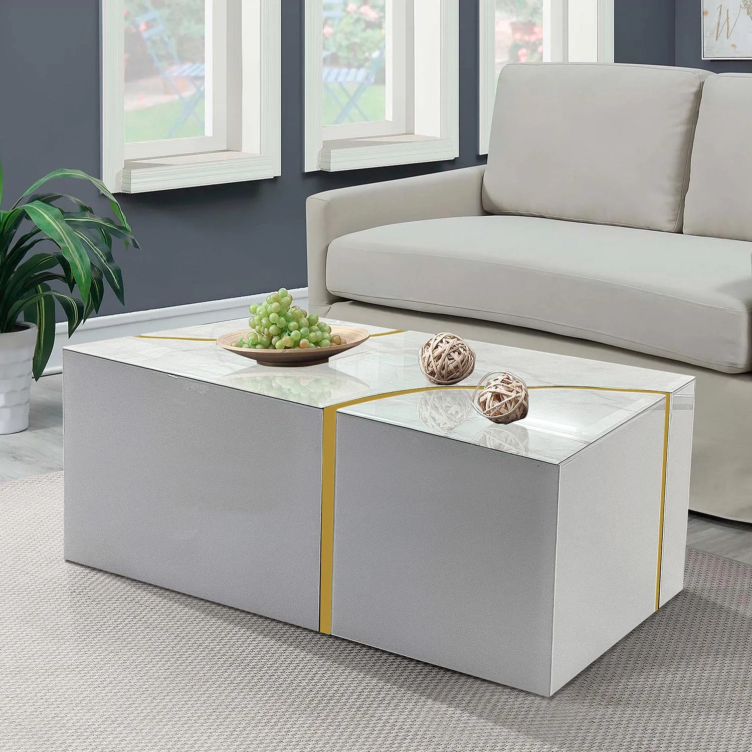 Modern Rectangular Coffee Table - Shiny White Design with Gold Accent