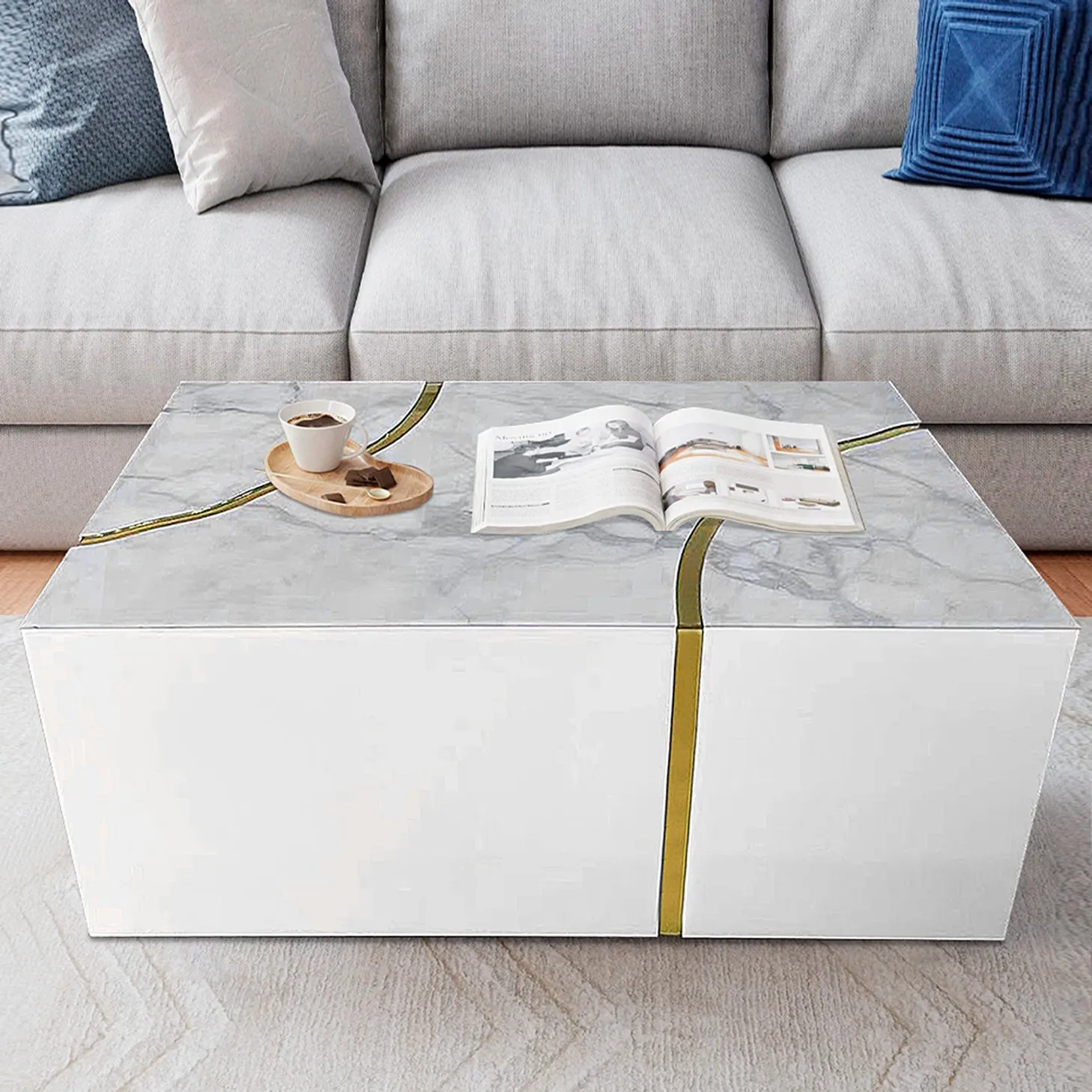 Modern Rectangular Coffee Table - Shiny White Design with Gold Accent