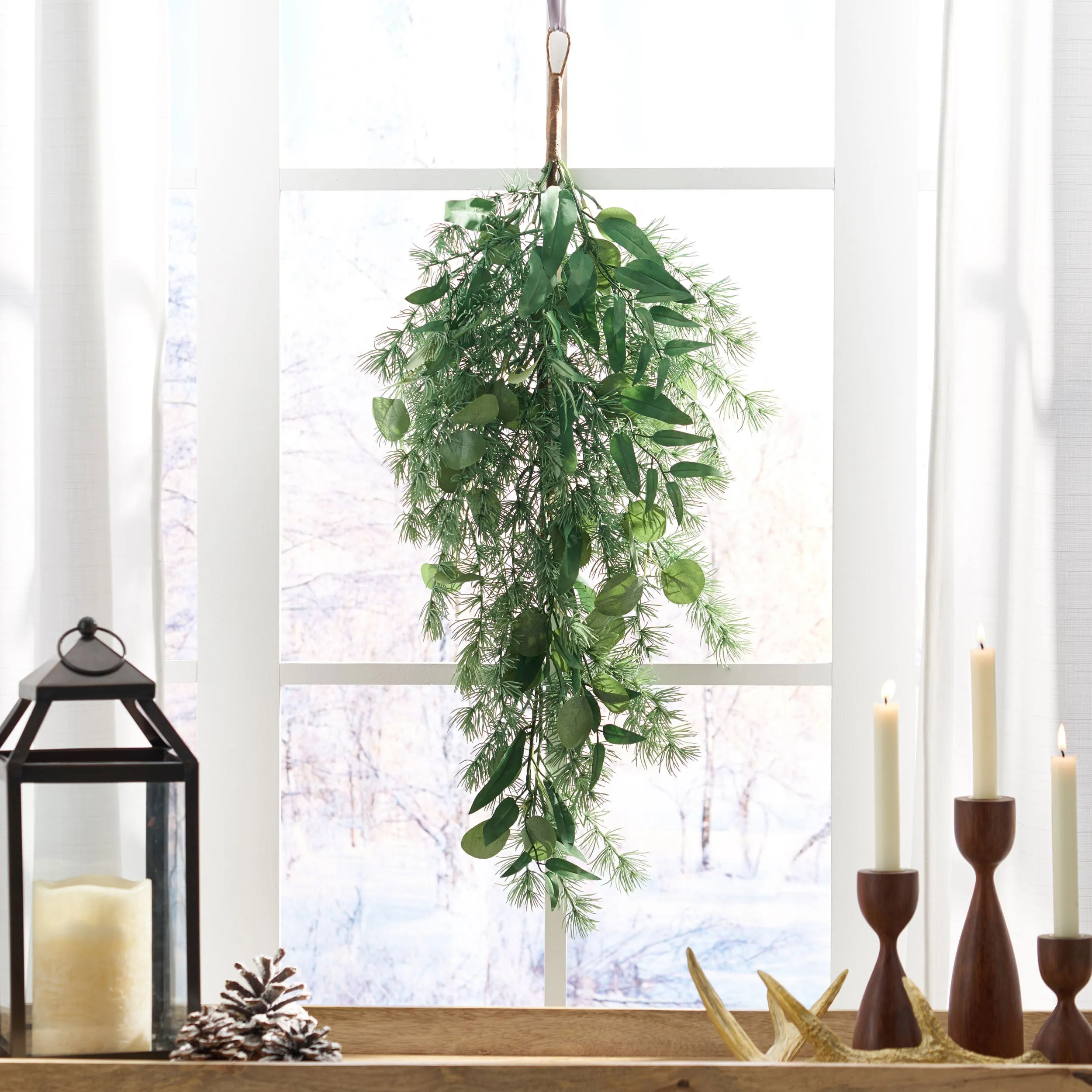 Nolta 32.5" Eucalyptus and Fir Artificial Teardrop Wreath, Green