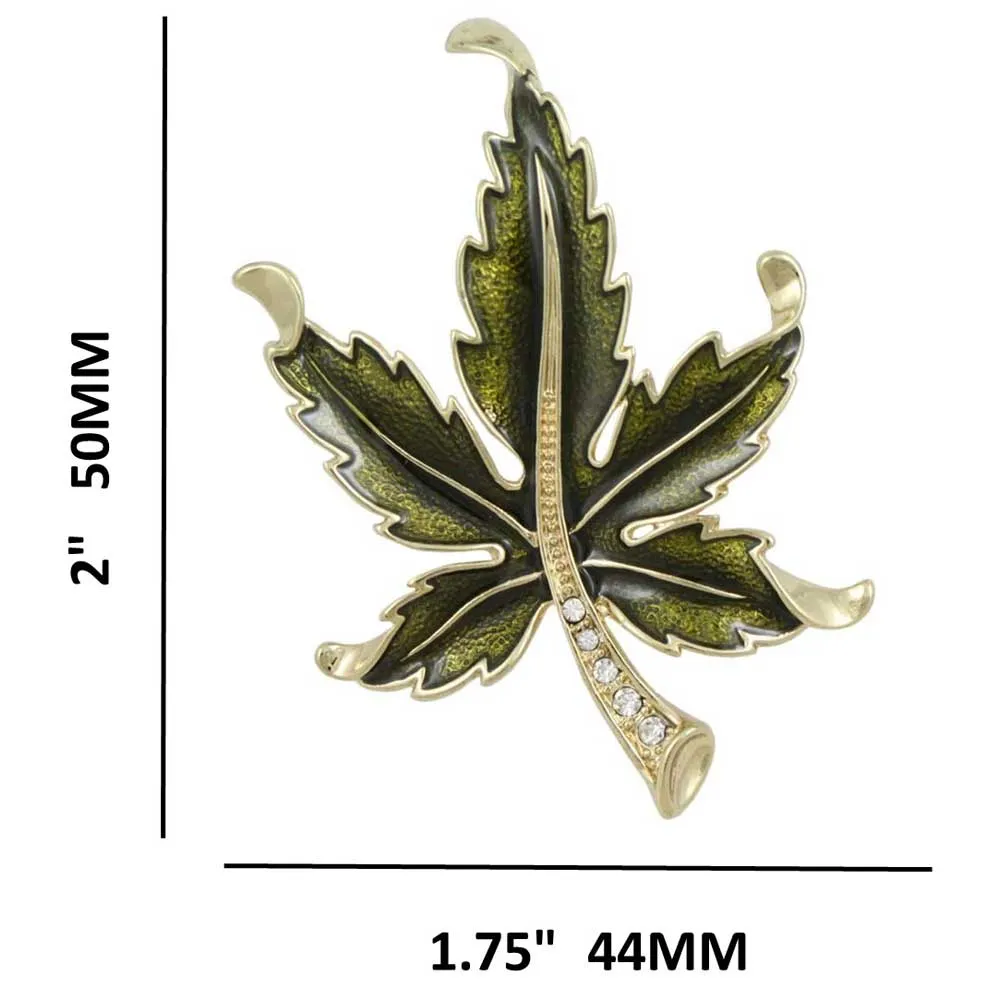 Olive Green Enamel and Crystal Maple Leaf Brooch Pin - PRL340