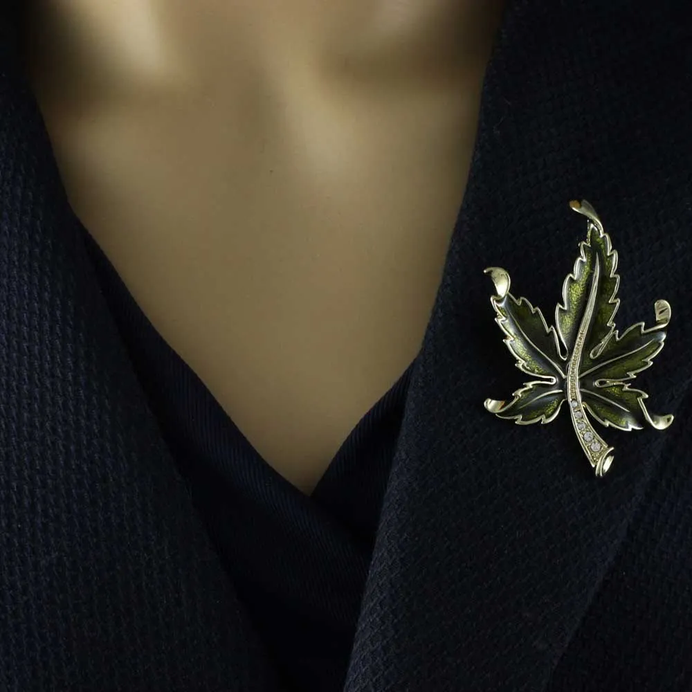 Olive Green Enamel and Crystal Maple Leaf Brooch Pin - PRL340