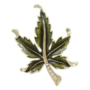 Olive Green Enamel and Crystal Maple Leaf Brooch Pin - PRL340