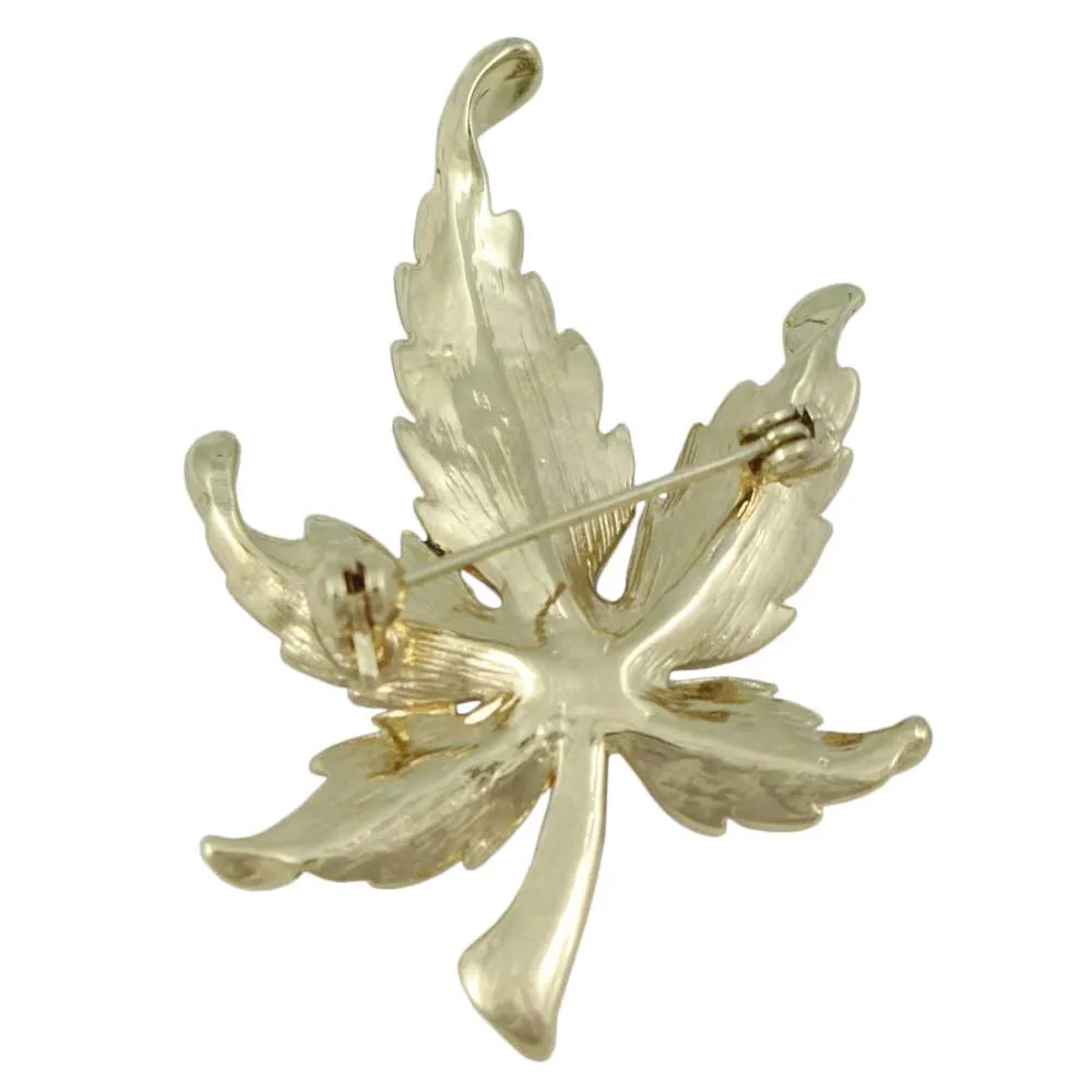 Olive Green Enamel and Crystal Maple Leaf Brooch Pin - PRL340