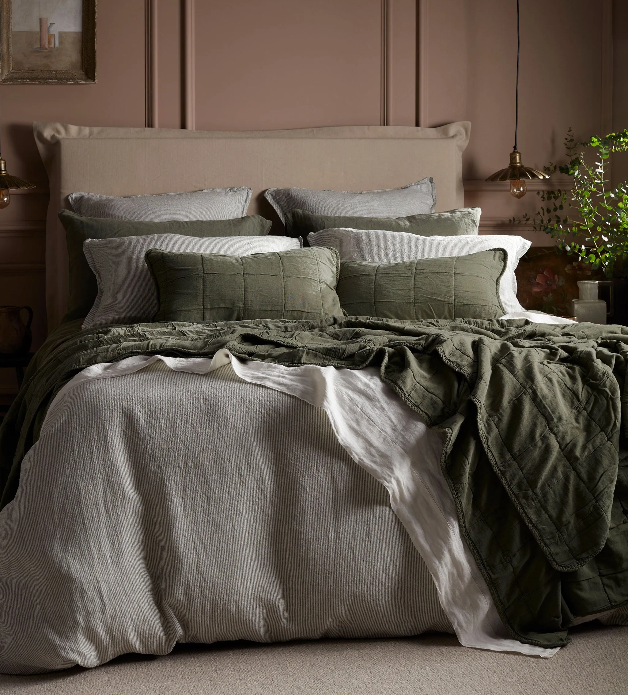 Olive Green Finn 100% Cotton Quilted Cushion Cover and Throw