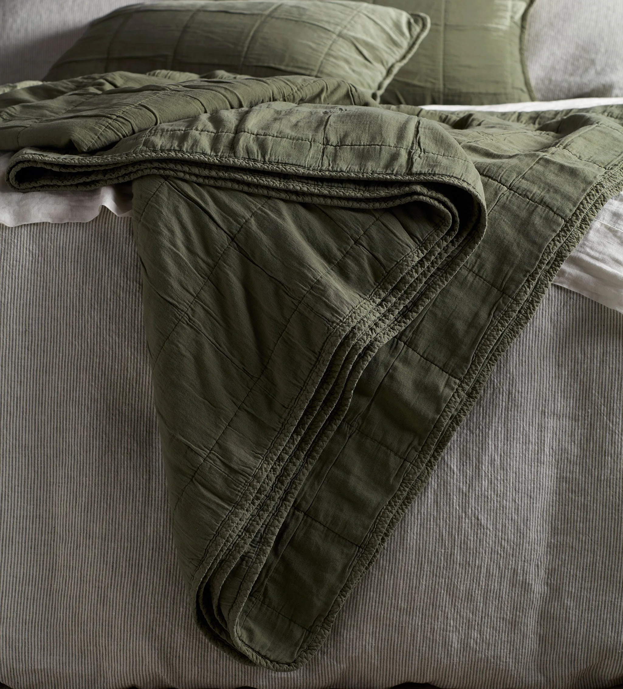 Olive Green Finn 100% Cotton Quilted Cushion Cover and Throw