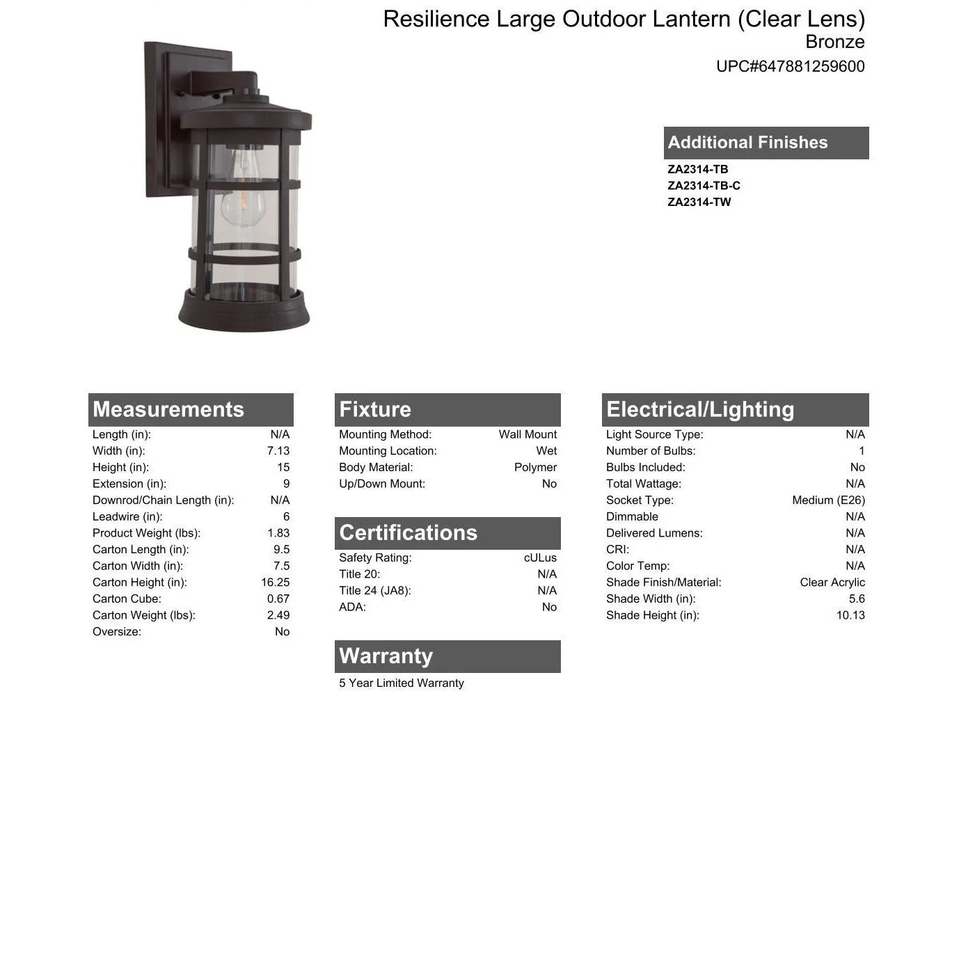 Resilience Large Outdoor Lantern in Bronze, Clear Lens